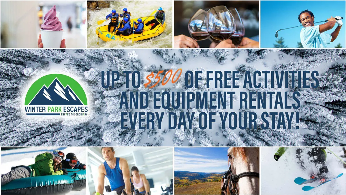 An exterior collage-style image depicting a variety of outdoor and adventure activities including white-water rafting, skiing, golfing, horseback riding, as well as scenes of fine dining and enjoying ice cream. Lush natural backdrops and vibrant action shots convey excitement and variety.