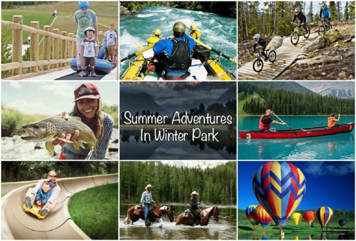 A lively scene with families participating in a variety of outdoor activities against a backdrop of scenic landscapes. The image features rafting, biking, fishing, canoeing, horseback riding, and colorful hot air balloons, all radiating a sense of excitement and togetherness.
